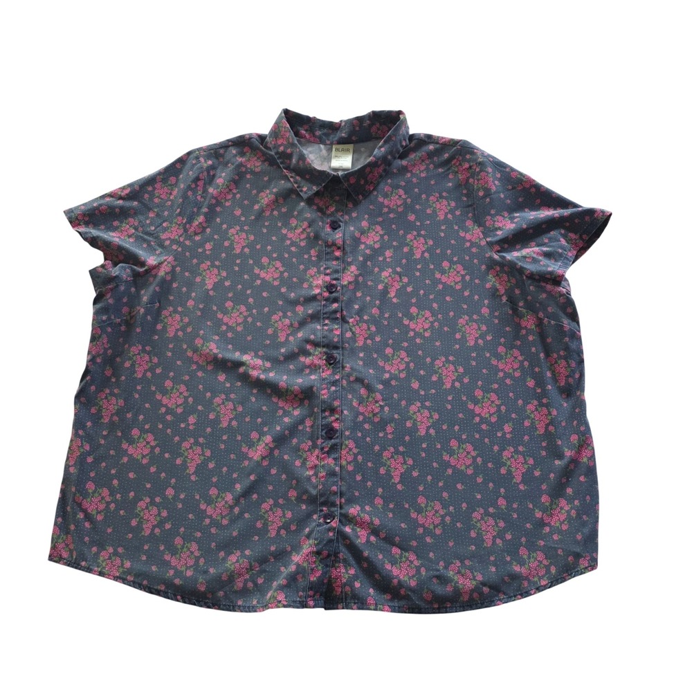 Vintage Blair Women's Button-Up Top 2XL Distressed Denim Blue Strawberry Casual